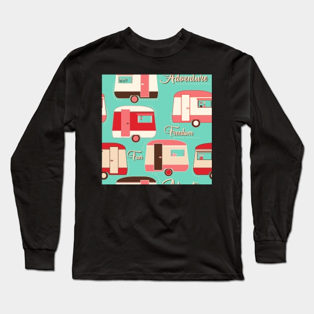 Repeat pattern of cute vintage caravans in retro colours pinks on turquoise Long Sleeve T-Shirt by NattyDesigns